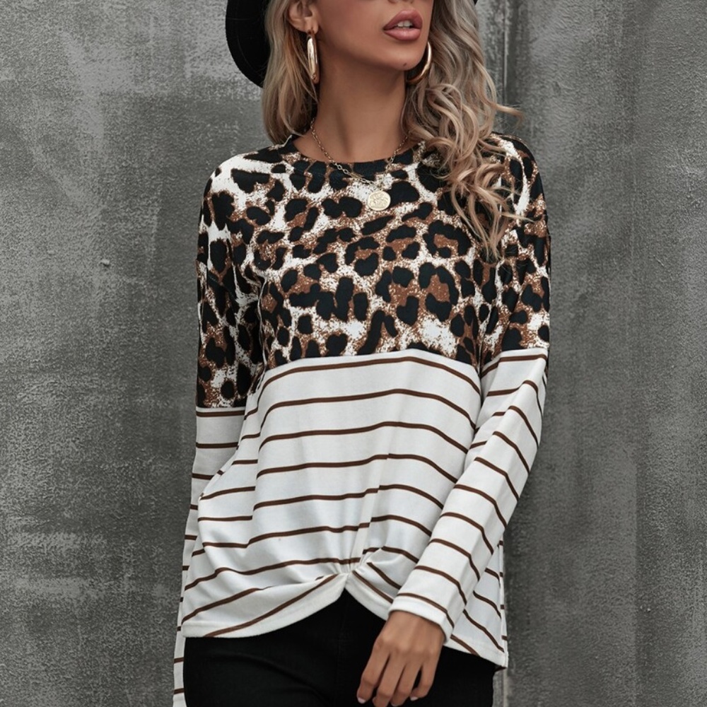 front knot leopard print striped color block top